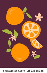 Cartel naranja de Vertical Abstractas, ilustración plana de Vector. Patrón brillante del verano o del otoño con la fruta cítrica tropical, diseño moderno de la cubierta. Se puede utilizar para etiquetas, anuncios de mercado, carteles, cubiertas para imprimir.