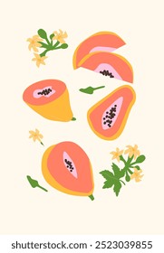 Abstract vertical papaya poster, vector flat illustration. Summer or autumn bright pattern with tropical fruit, harvest cover design. Can used for labels, market ad, posters, covers for print.