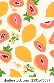 Abstract vertical papaya poster, vector flat illustration. Summer or autumn bright pattern with tropical fruit, harvest cover design. Can used for labels, market ad, posters, covers for print.