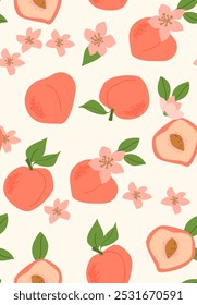 Abstract vertical peach poster, vector flat illustration. Summer or autumn bright pattern with tropical fruit, harvest cover design. Can used for labels, market ad, posters, covers for print.