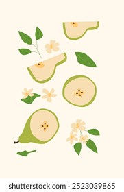 Abstract vertical pears poster, vector flat illustration. Autumn bright pattern with tropical fruit, harvest cover design. Can used for labels, market ad, posters, covers for print.