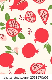 Abstract vertical pomegranate poster, vector flat illustration. Summer or autumn bright pattern with tropical fruit, harvest cover design. Can used for labels, market ad, posters, covers for print.