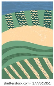 Abstract vertical poster with natural landscape, farm houses, country life, fields, agriculture. Ecological concept. Grunge texture, smooth lines, calmness. Vector illustration for background, poster
