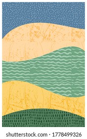 Abstract vertical poster with natural landscape, country life, fields, agriculture. Ecological concept. Grunge texture, smooth lines, calmness. Vector illustration for background, poster