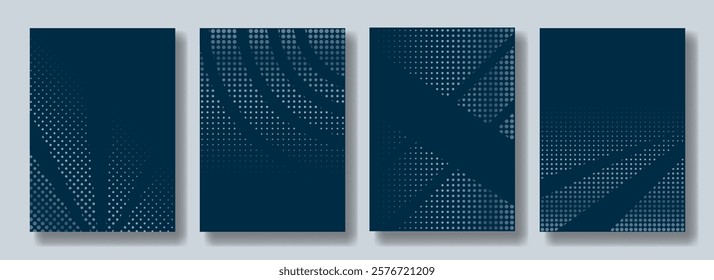 Abstract vertical poster set with halftone dotted texture and chaotic diagonal stipes and circles on dark blue background. Monochrome minimalist geometric banner, copy space, empty vector template.