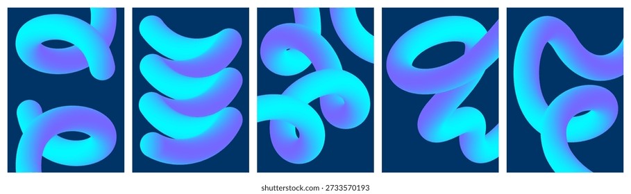 Abstract vertical posters featuring 3D fluid gradient tubes in neon cyan