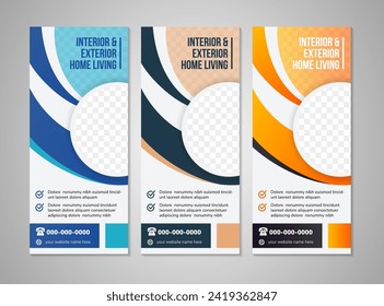 diseño de banner de enrollamiento vertical abstracto para la vivienda interior y exterior. Casa inmobiliaria para venta o alquiler de diseño de arrastre con diseño vectorial mínima y diseño limpio con espacio fotográfico.
