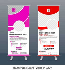 Abstrato vertical roll up banner design para interior. Casa de imóveis para venda ou aluguel puxe o design com layout de vetor forma mínima e design limpo com espaço de foto.