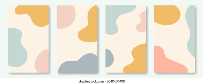 Abstract vertical set of minimalistic social media story posting templates. Simple doodle spots in a pastel palette on a light background, cute flat design.