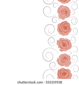 Abstract vertical spring decorative roses seamless pattern in orange and pink colors with copy space (place for your text). Vector rose icon.