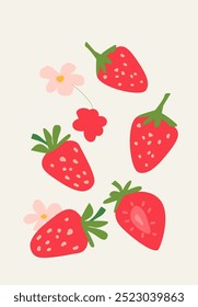 Abstract vertical strawberry poster, vector flat illustration. Summer or autumn bright pattern with berry, harvest cover design. Can used for labels, market ad, posters, covers for print.