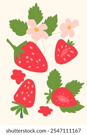 Abstract vertical strawberry poster, vector flat illustration. Summer or autumn bright pattern with berry, harvest cover design. Can used for labels, market ad, posters, covers for print.