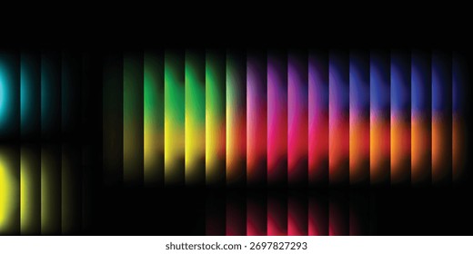 Abstractas rayas de Vertical de la luz del color del arco iris brillan intensamente contra un fondo negro profundo con reflejos.