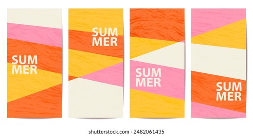 Abstract vertical summer banner, groovy geometric background, textured retro poster set, card, stories, flyer template