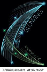 Abstract vertical template with  beams of glowing rays on the dark blue background 
