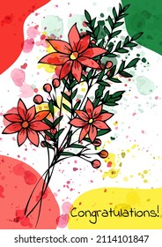 Abstract vertical template  in a trendy style. Red  doodle flowers. Invitation, card. Watercolor splashes.Multicolor live line  geometry pattern in white background.Hand drawing.Vector illustration.