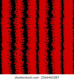 Abstract vertical thin and thick black stripes with torn edges on red background. Seamless geometric print for fabric, wallpaper, wrapping-paper, home decor, cover. Fashionable textile design. Vector.