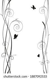 Abstract vertical vector background with curved floral lines ornament and butterfly. Frame, left and right borders. Place for text or image