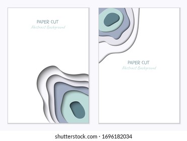 Abstract vertical vector backgrounds in paper cut style with shadows and copy space for text. Paper art in trendy mint color layers, shape of waves. Realistic minmal layout template for poster, banner