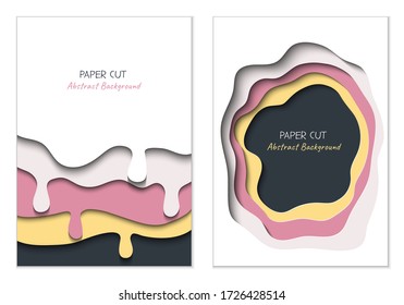 Abstract vertical vector backgrounds in paper cut style with shadows and copy space for text. Paper art in trendy color layers, shape of waves. Realistic minmal layout template for poster, banner