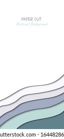 Abstract vertical vector banner in paper cut style with shadows and copy space for text. Paper art in trendy mint color layers, shape of waves. Realistic minmal layout template for stories, web site