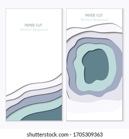 Abstract vertical vector banners in paper cut style with shadows and copy space for text. Paper art in trendy mint color layers, shape of waves. Realistic minmal layout template for stories, web site