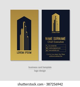 Abstract vertical vector business card design template. Gold and dark blue business card layout. Corporate business card background. Modern visit card with logo and globe, phone, envelope icons.