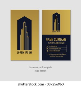 Abstract vertical vector business card template. Gold and blue business card layout. Corporate business card . Modern visit card with abstract logo and icons. Visiting card with gold foil elements