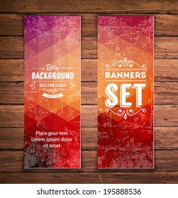 Abstract vertical vector eps10 banners with trendy bright red multicolored polygonal pattern.