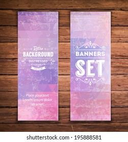 Abstract vertical vector eps10 banners with trendy light purple and pink multicolored polygonal pattern.