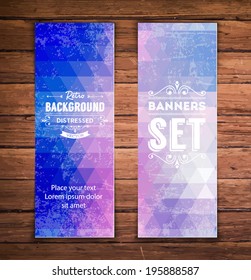 Abstract vertical vector eps10 banners with trendy blue multicolored polygonal pattern.