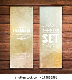 Abstract vertical vector eps10 banners with trendy light beige subtle multicolored polygonal pattern.