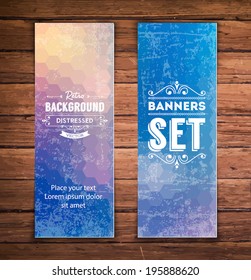 Abstract vertical vector eps10 banners with trendy blue multicolored polygonal pattern.