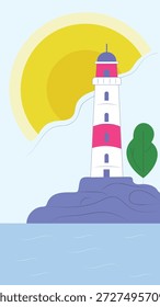 Abstrakte vertikale Vektorgrafik der Insel mit Leuchtturm, Sonne, Meer und Baum