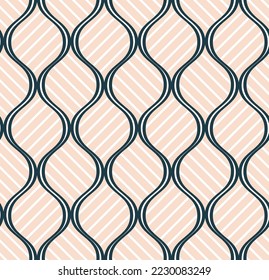 Abstract Vertical Wavy Lines Diagonal Stripes Art Deco Style Geometric Retro Minimal Seamless Pattern Trendy Fashion Colors Perfect for Allover Fabric Print or Wrapping Paper Ecru Navy Blue Tones