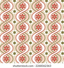 Abstract Vertical Wavy Stripes Flowers Retro Vector Pattern Complex Geometric Shapes Trendy Fashion Colors Perfect for Allover Fabric Print or Wrapping Paper Beige Olive Green Coral Tones