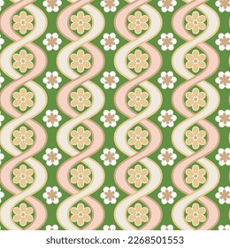 Abstract Vertical Wavy Stripes Flowers Retro Vector Pattern Complex Geometric Shapes Trendy Fashion Colors Perfect for Allover Fabric Print or Wrapping Paper Green Pastel Pink Tones