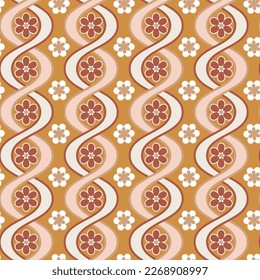Abstract Vertical Wavy Stripes Flowers Retro Vector Pattern Complex Geometric Shapes Trendy Fashion Colors Perfect for Allover Fabric Print or Wrapping Paper Mustard Yellow Brown Tones