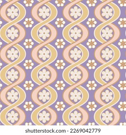 Abstract Vertical Wavy Stripes Flowers Retro Vector Pattern Complex Geometric Shapes Trendy Fashion Colors Perfect for Allover Fabric Print or Wrapping Paper Lilac Pastel Pink Tones