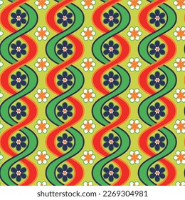 Abstract Vertical Wavy Stripes Flowers Retro Vector Pattern Complex Geometric Shapes Trendy Fashion Colors Perfect for Allover Fabric Print or Wrapping Paper Green Red Navy Tones