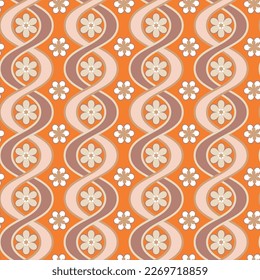 Abstract Vertical Wavy Stripes Flowers Retro Vector Pattern Complex Geometric Shapes Trendy Fashion Colors Perfect for Allover Fabric Print or Wrapping Paper Orange Pastel Pink Tones
