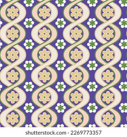 Abstract Vertical Wavy Stripes Flowers Retro Vector Pattern Complex Geometric Shapes Trendy Fashion Colors Perfect for Allover Fabric Print or Wrapping Paper Electric Purple Pastel Brown Tones