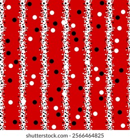 Abstract vertical white stripes with black and white dots on red polka dots background. Seamless geometric print for fabric, wallpaper, wrapping-paper, home decor, cover. Fashionable design. Vector.