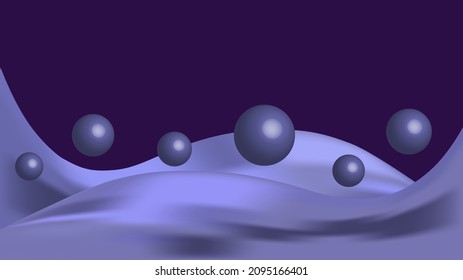 Abstract Very Peri fluid luminous waves with balls on dark purple background. Innovation technology concept. Luxury backdrop. Geometric modern digital wallpaper. Copy space. Trendy color of 2022 year.