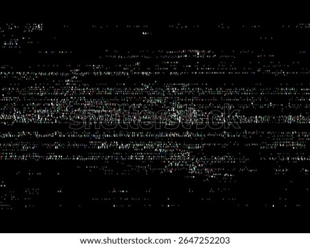 Abstract VHS video signal glitch and noise on a dark background. Static distortion with colorful pixel elements. Digital error screen.