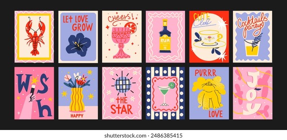 Abstract vibe posters in a minimalist style. Wall decor, trendy banners of summer, fruits, cocktails, disco, animals in the cartoon style of Matisse. Decor of wallpaper, walls, print and postcar