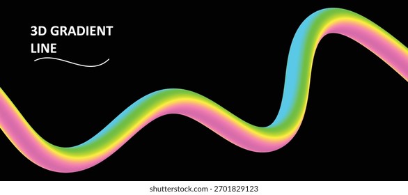 Forma de onda distorcida 3D vibrante abstrata com cores de gradiente em um plano de fundo preto. Fita de arco-íris vívida fluida com alças ou espirais. Banner futurista dinâmico da moda