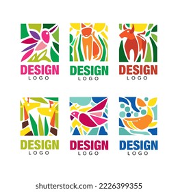 Abstract vibrant animals logo design set. Colorful labels with tropical plants and hummingbird, giraffe, parrot, whale animals vector illustration