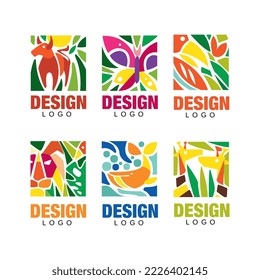 Abstract vibrant animals logo design set. Colorful labels with tropical plants and butterfly, lion, whale, animals vector illustration