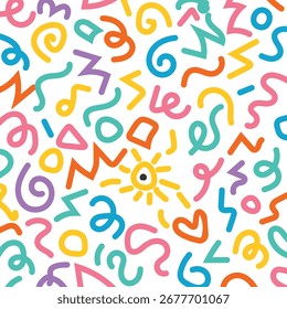 Abstract, vibrant background featuring a repeating pattern of playful, multicolored shapes creating a fun and energetic retro design